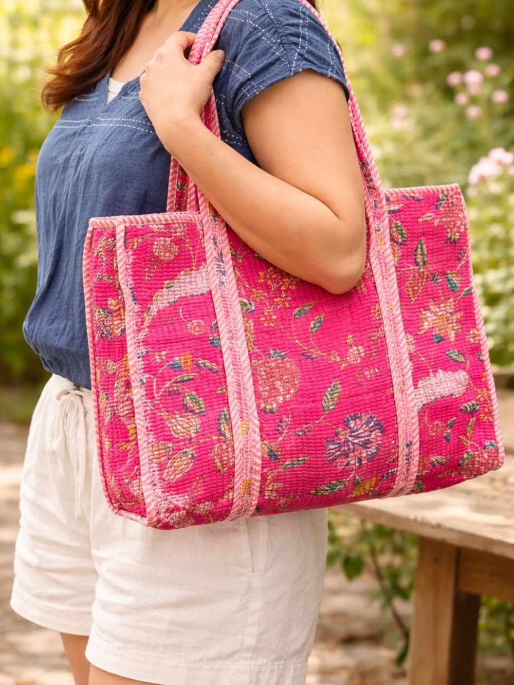 Pink Floral Quilted Tote Bag by